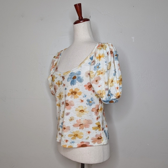 By Anthropologie Floral Puff-Sleeve Scoop-Neck Top Size Small - Picture 3 of 8